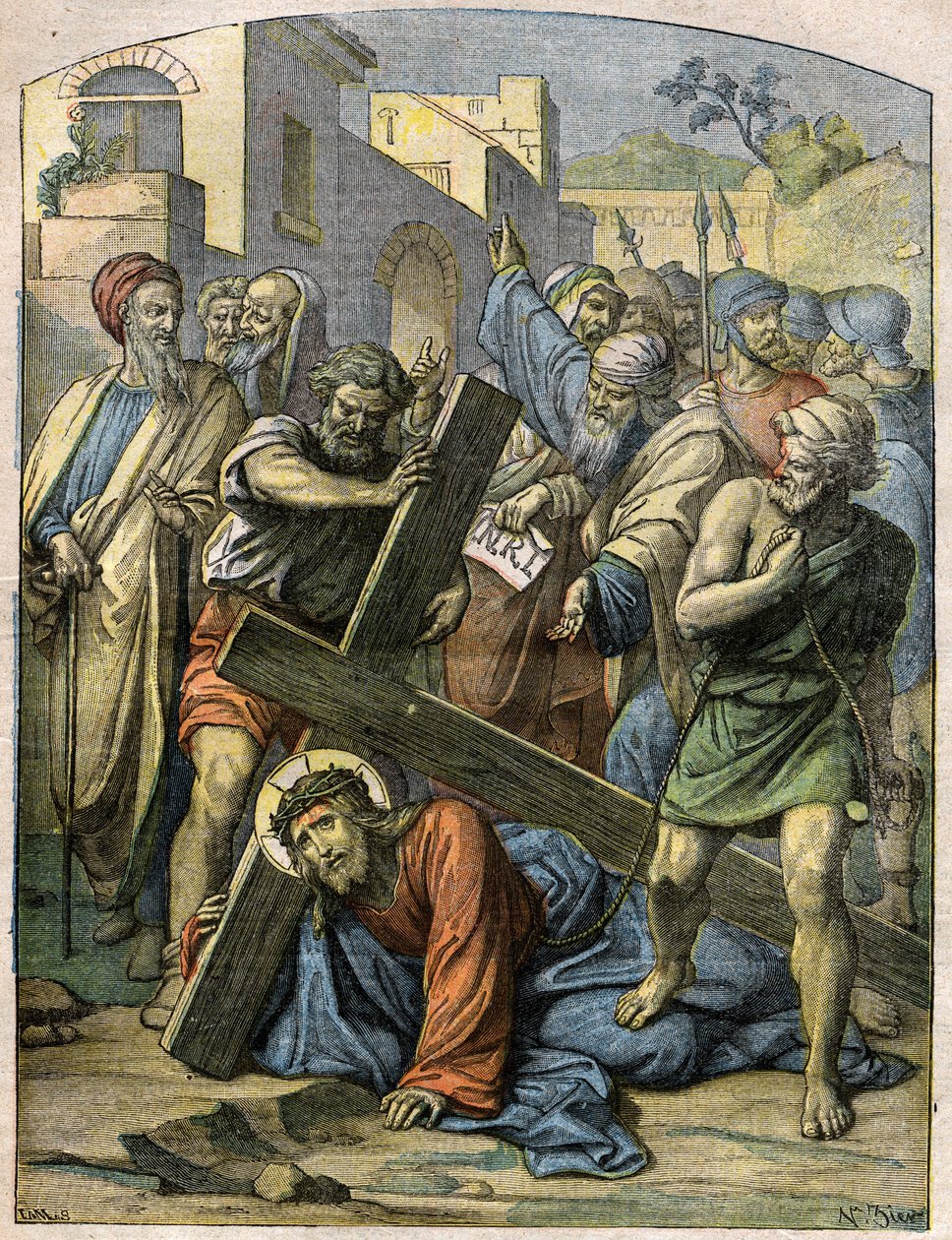Biblická scéna – Křížová cesta: Ježíš padá podruhé. Rytina v „“Le Pelerin““ z 29. listopadu od French School