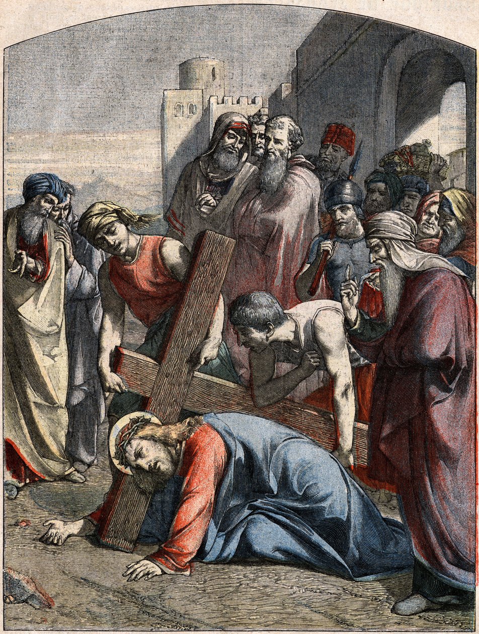 Biblická scéna – Křížová cesta: Ježíš poprvé padá. Rytina v „“Le Pelerin““ z 3. května od French School