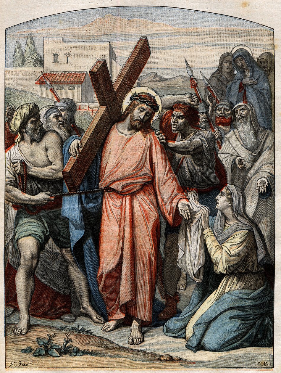 Biblická scéna – Křížová cesta: Ježíš si nechává otírat tvář od svaté Veroniky. Rytina v „“Le Pelerin““ z 20. září 1896. od French School