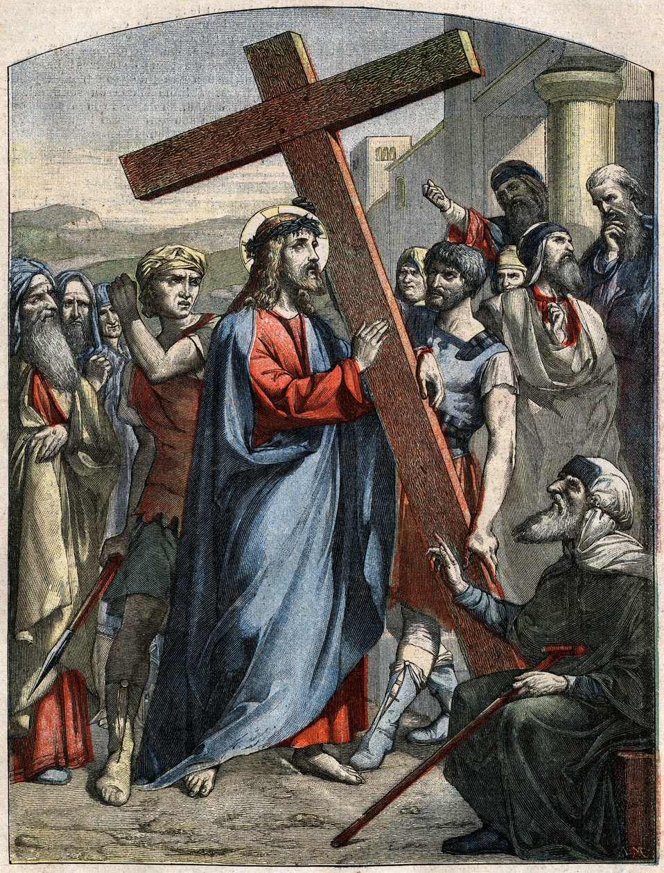 Biblická scéna – Křížová cesta: Ježíš je břemenem kříže. Rytina v „“Le Pelerin““ z 3. května od French School