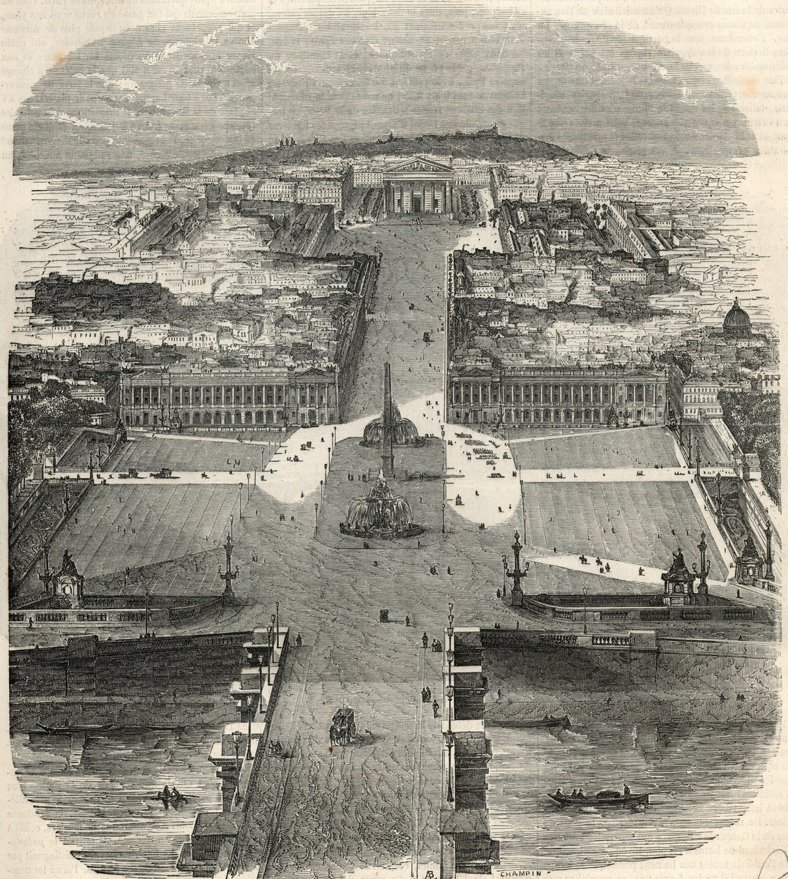 Ptačí pohled na Place de la Concorde, rue Royale s kostelem Madeleine - rytina v „Tableau-de-Paris“ od Edmonda Texiera 1852 od French School