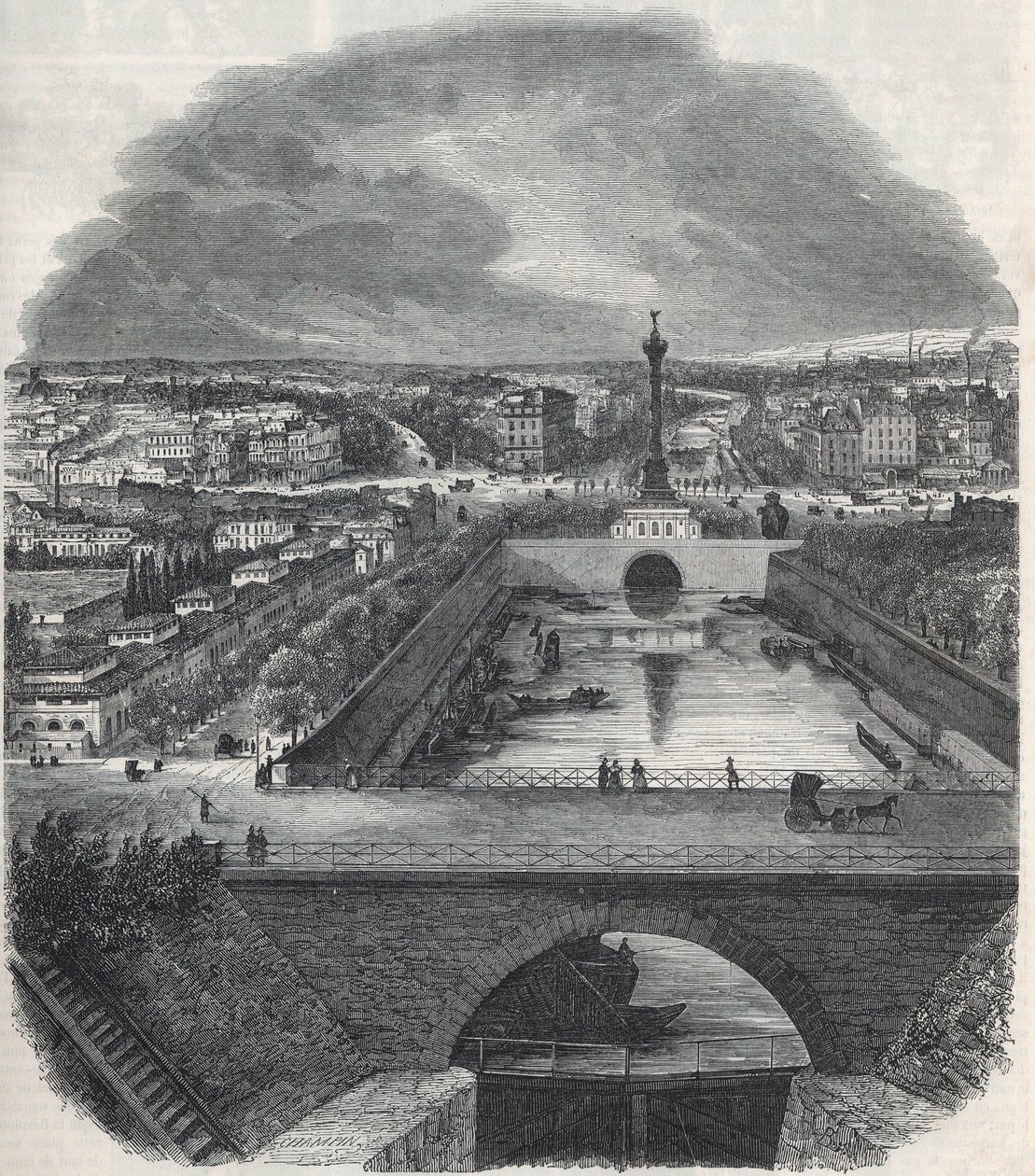 Ptačí pohled na Canal Saint-Martin (Svatý Martin), náměstí a čtvrť Bastille, pořízený z pravého břehu Seiny - rytina v „Tableau-de-Paris“ od Edmonda Texiera 1852 od French School
