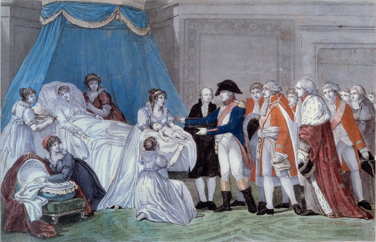 Narození římského krále Napoleona II. (Francois Charles Joseph Napoleon Bonaparte) (1811-1832): ceremonie vydání rodného listu syna císaře Napoleona I. (1769-1821) v Palais des Tuileries dne 20.3.1811. Rytina 19. století. Ile d