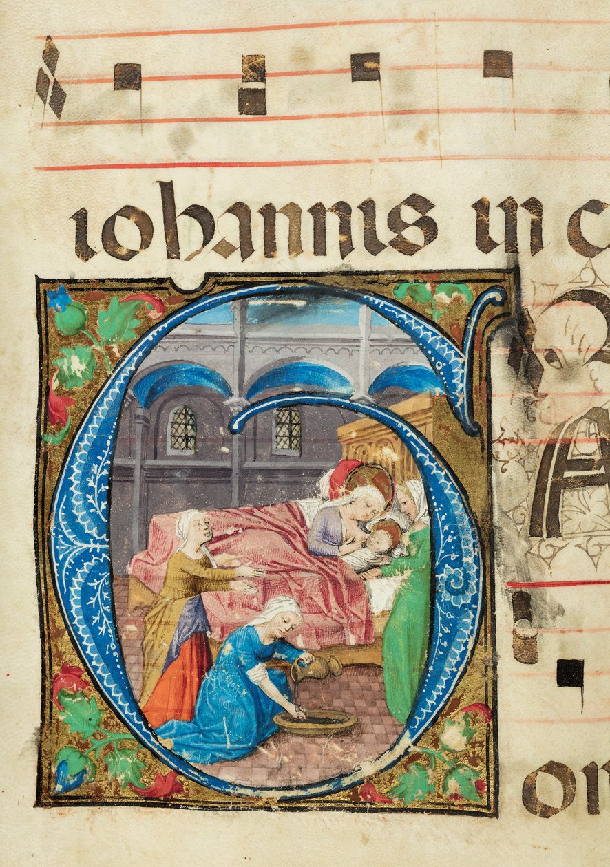 Birth of the Virgin, Gradual, f.76 (inkoust, tempera a plátkové zlato na pergamenu) od French School