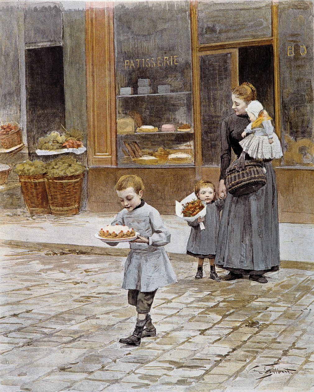 Narozeniny Malý chlapec vychází z cukrárny a v rukou drží dort. Litografie Paříže 19. století, dekorativní umění od French School