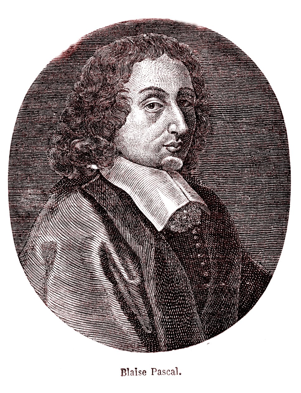 Blaise Pascal , francouzský matematik, filozof, fyzik a teolog. 1865 (rytina) od French School