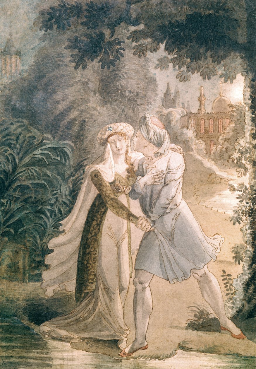 Blanca a Abon Hametovi v zahradách Alhambra, z „Le Dernier des Abencerages“ od Francoise Reneho (1768-1848) Vicomte de Chateaubriand (pero a inkoust a wc na papíře) od French School