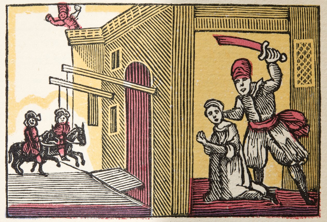 Modré vousy z Historie aneb Příběhy minulých časů vyprávěné Matkou Husou, S morálkou, M. Perraultem, hospoda. 1925 (ručně kolorovaný dřevotisk) od French School