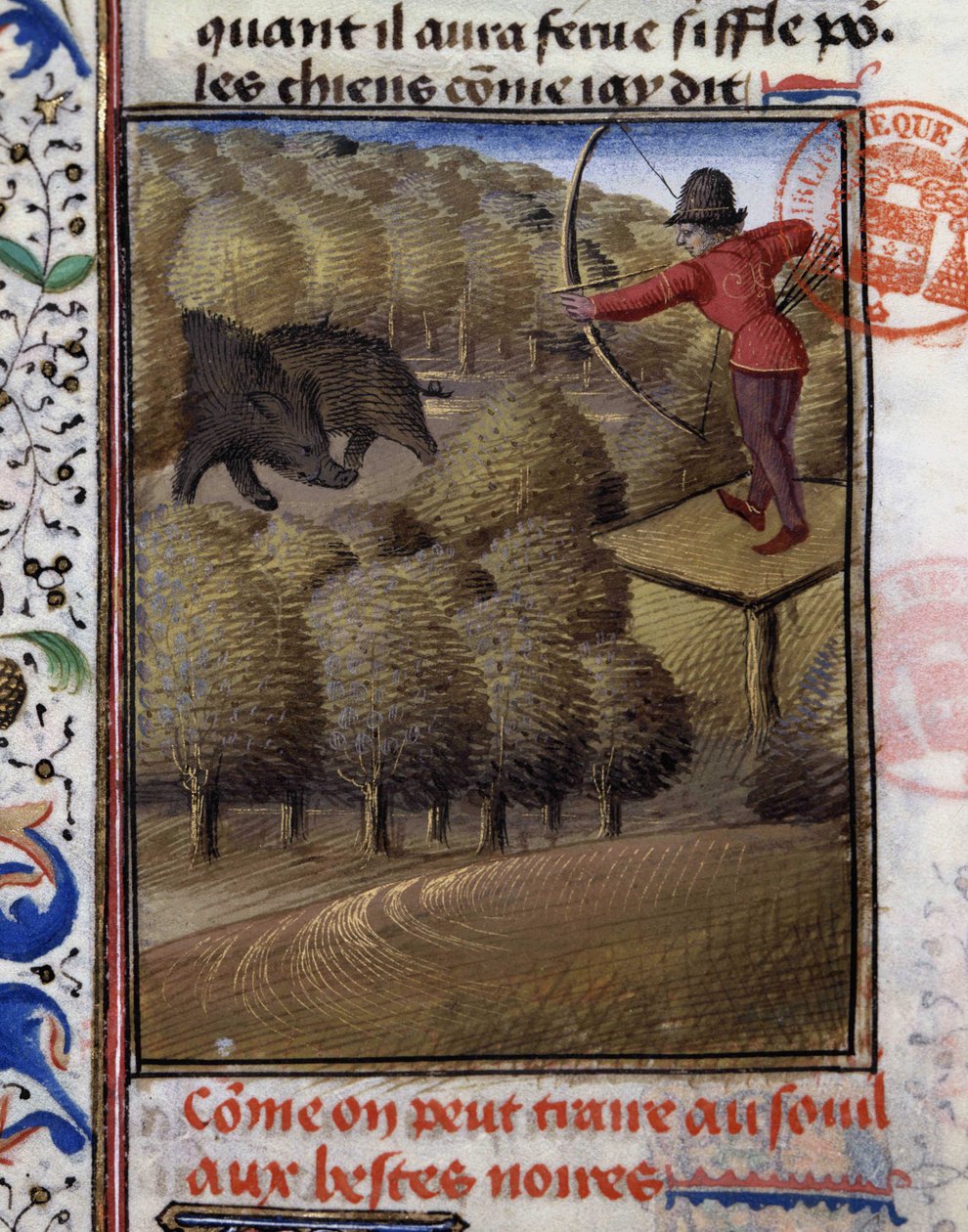 Lov kančího luku - v „“ Book of Hunting od Gastona Phoebuse, hraběte z Foix, lorda z Béarnu““ od French School