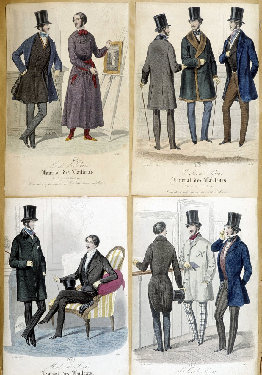 Desky ilustrující pánskou módu z „Journal des krejčířů““ z roku 1848. od French School