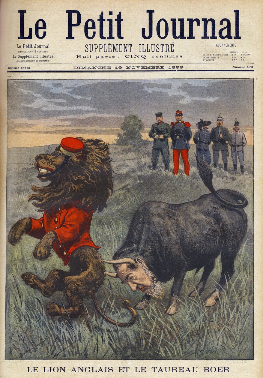 Búrská válka – anglický lev a búrský býk – africký býk s hlavou Paula Kruegera zaútočí na britského lva. Anglická karikatura z listopadu 1899 vydání 