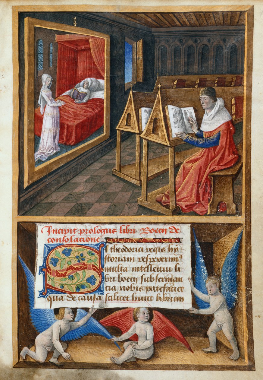 Boethius a filozofie, ilustrace z „Útěchy filozofie“ od French School