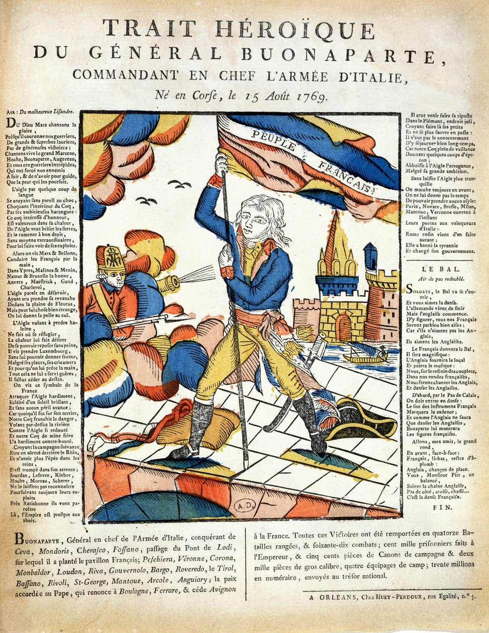 Bonaparte (1769-1821) zavěšování francouzské vlajky na most Lodi, 10. května 1796 z LImagerie Populaire od P.L.Duchartra a R. Saulmiera od French School