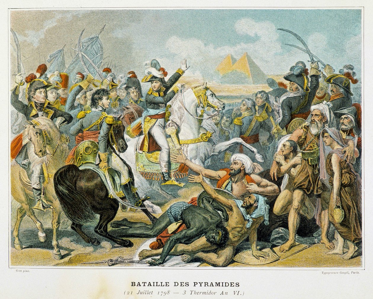Bonaparte (uprostřed) a jeho vojáci během bitvy u pyramid dne 21. července 1798. od French School
