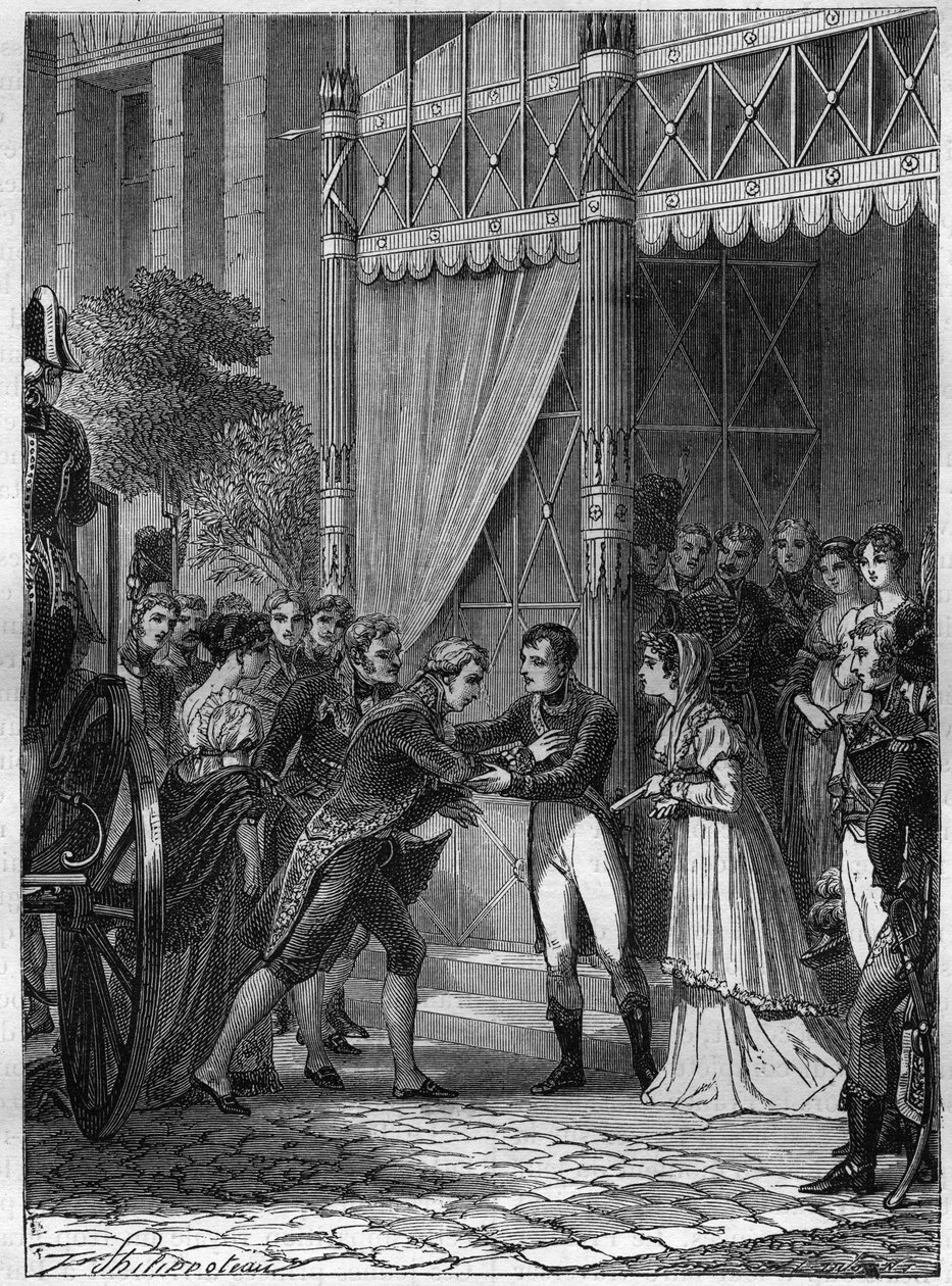 Bonaparte a Josephine de Beauharnais přijímají mladého krále Etrurie Ludvíka I. (Ludvík I. Bourbonský nebo Ludovico I. Borbonský) (1773-1803) v doprovodu jeho manželky Marie Louise (Marie Louise) Bourbonské (1782-1824) v jejich dům v Malmaison v červenci 1 od French School