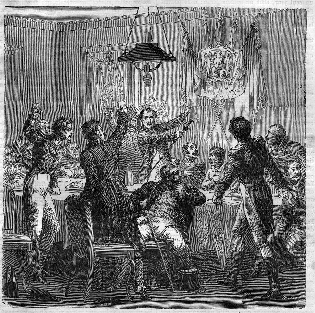 Bonapartistická hostina v rámci restaurování mezi pádem První říše 6. dubna 1814 a revolucí Tří Glorieusů 29. července 1830. Rytina v „Histoire des Papes-Rois-Queen and Empereurs a travers les century“ od Maurice Lachata od French School