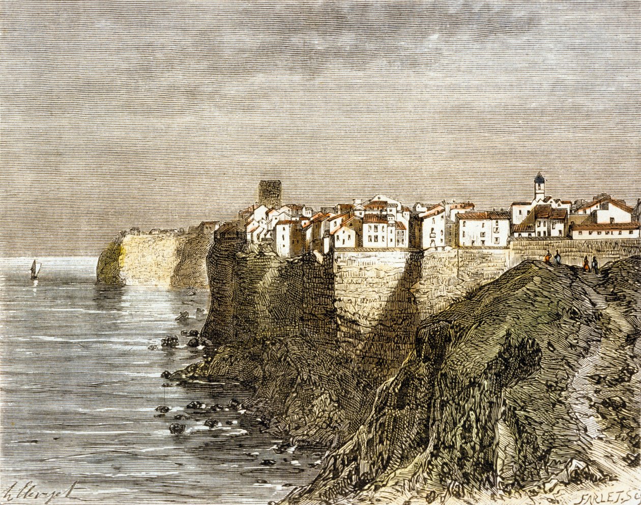 Bonifacio, Korsika (barevná rytina) od French School