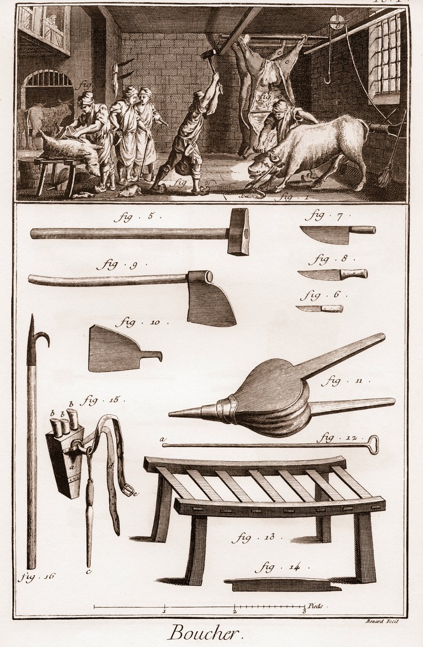 Boucher – Řeznictví – Řeznictví – „“ Velká encyklopedie nebo Dictionnaire Raisonne des Sciences, des Arts et des Metiers“ (Encyklopedie nebo Slovník věd, umění a povolání) od Denise Diderota (1713-1784) a Jean d