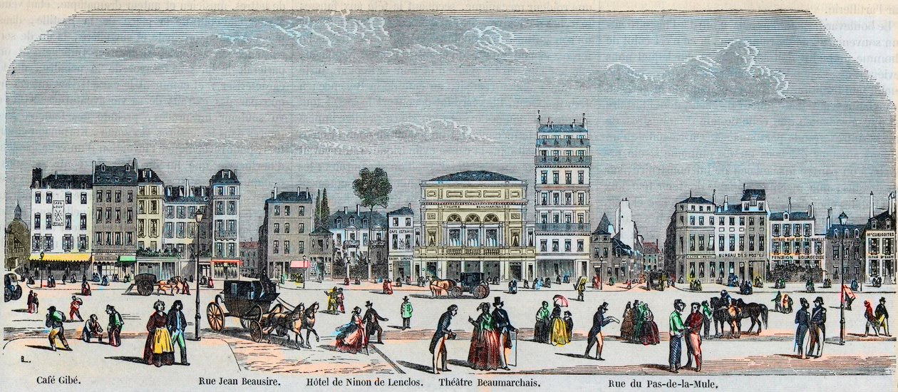 Boulevard Beaumarchais jižní strana - Cafe Gibe - Hotel de Ninon de Laclos - Divadlo Beaumarchais - Rue pas de la mule - Rytina v „Tableau-de-Paris“ od Edmonda Texiera 1852 od French School