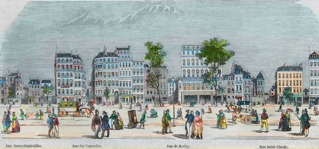 Boulevard Beaumarchais jižní strana - rue Neuve-Saint-Gilles - rue des Tournelles - rue de Harlay - rue Saint-Claude - Rytina v „Tableau-de-Paris“ od Edmonda Texiera 1852 od French School