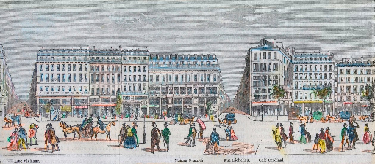 Boulevard Montmartre na jižní straně a Boulevard des Italiens na jižní straně - Rue Vivienne - Maison Frascati - Rue Richelieu - Cafe Cardinal - Rytina v „Tableau-de-Paris“ od Edmonda Texiera 1852 od French School