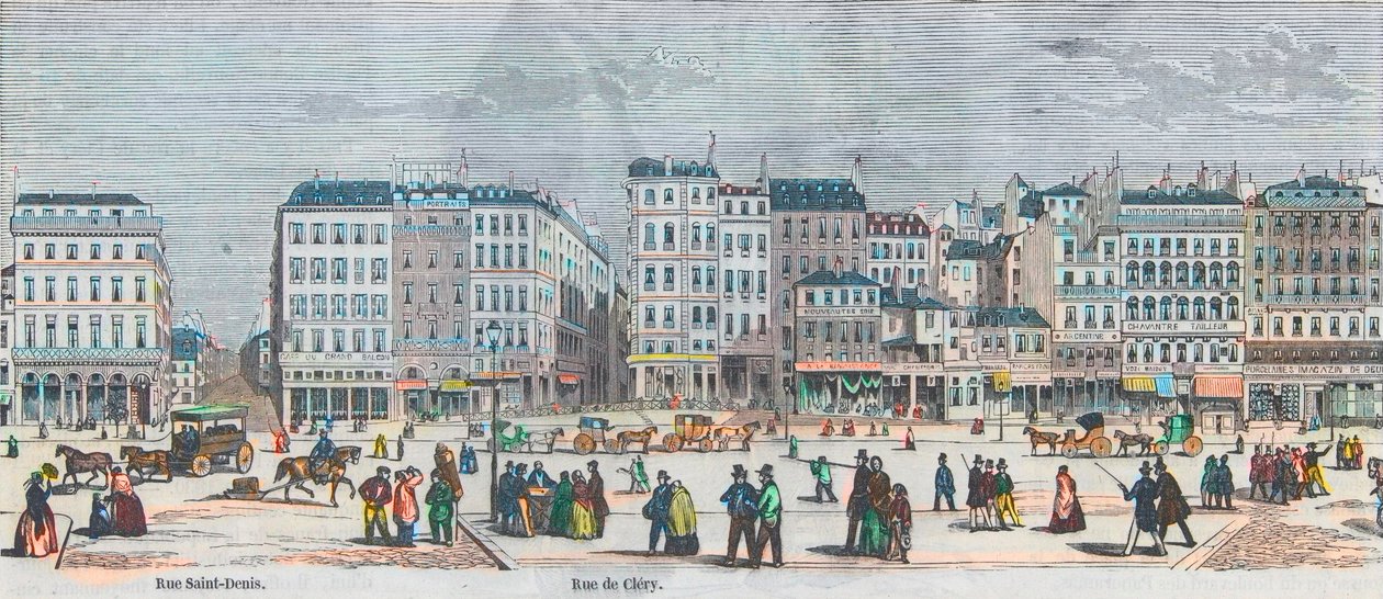 Boulevard Saint-Denis a Boulevard Bonne-Nouvelle - Rue Saint-Denis - Rue de Clery - Rytina v „Tableau-de-Paris“ od Edmonda Texiera 1852 od French School