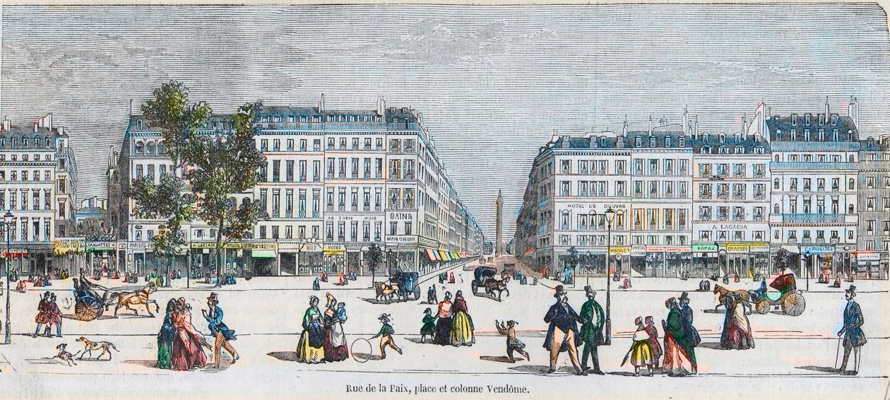 Boulevard des Capucines (Jižní pobřeží) - Rue de la Paix, místo a sloup Vendome - Rytina v „Tableau-de-Paris“ od Edmonda Texiera 1852 od French School