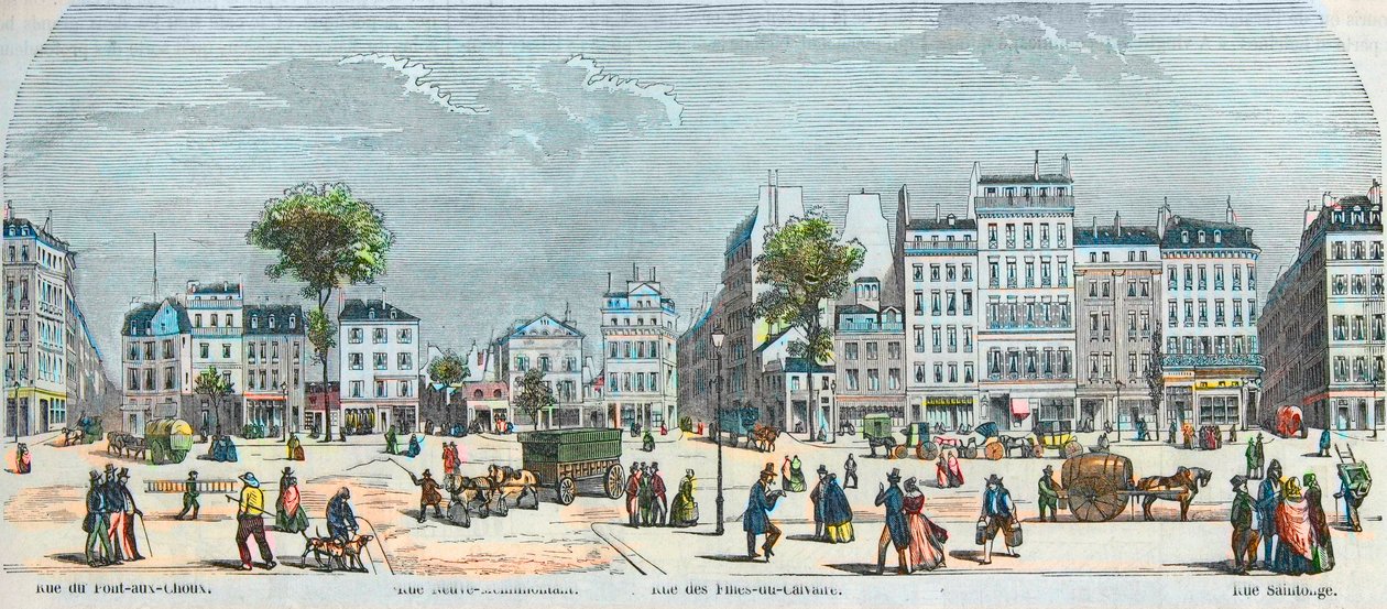 Boulevard des Filles du Calvaire a Boulevard du Temple - Rue Pont aux Choux - Rue des Filles-du-Calvaire - Rue Saintonge - vyryto v „Tableau-de-Paris“ od Edmonda Texiera 1852 od French School