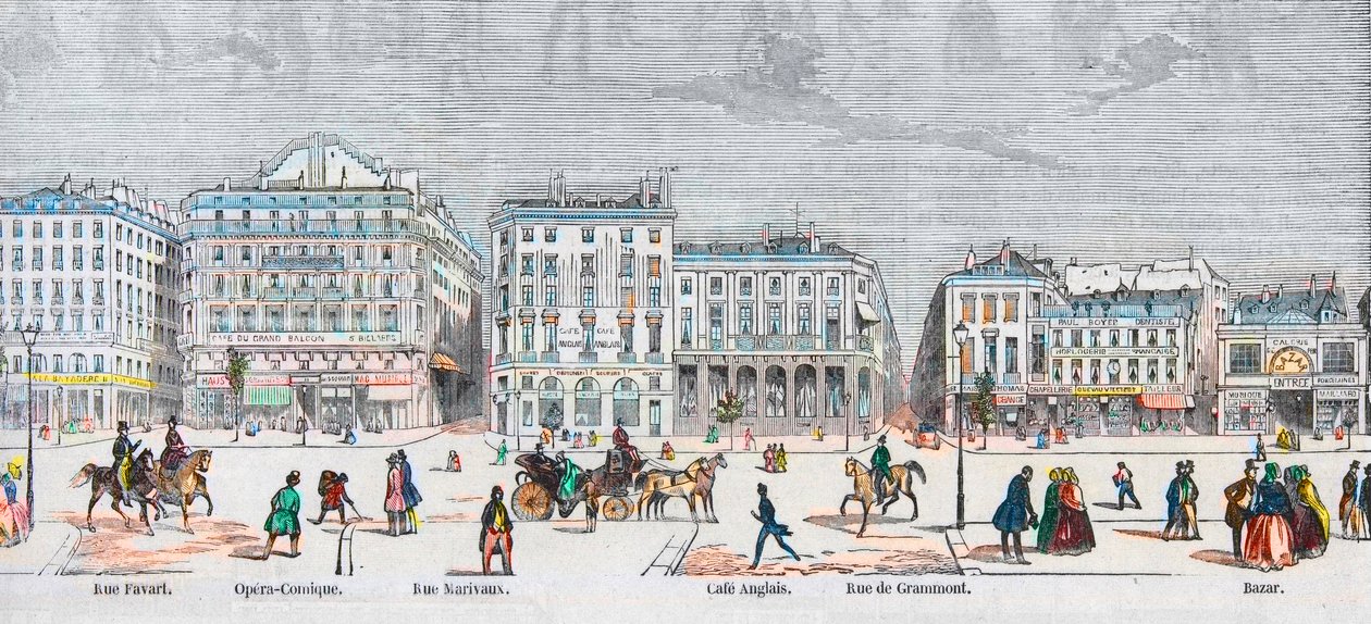 Boulevard des Italiens jižní strana - Rue Favart - Opera comique - Rue Marivaux - Anglická kavárna - Rue Grammont - Bazar - Rytina v „Tableau-de-Paris““ od Edmonda Texiera 1852 od French School