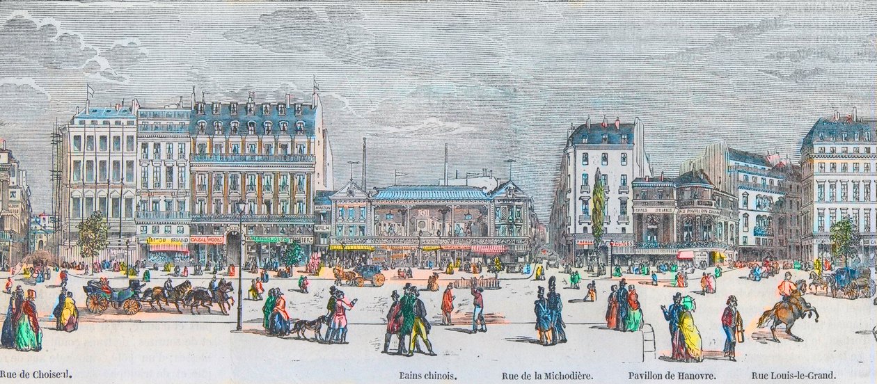 Boulevard des Italians jižní strana a Boulevard des Capucines jižní strana - rue de Choiseul - čínské lázně - rue de la Michodiere - Pavillon de Hanover - rue Louis-le-Grand - Rytina v „Tableau-de-Paris“ od Edmonda Texiera 1852 od French School
