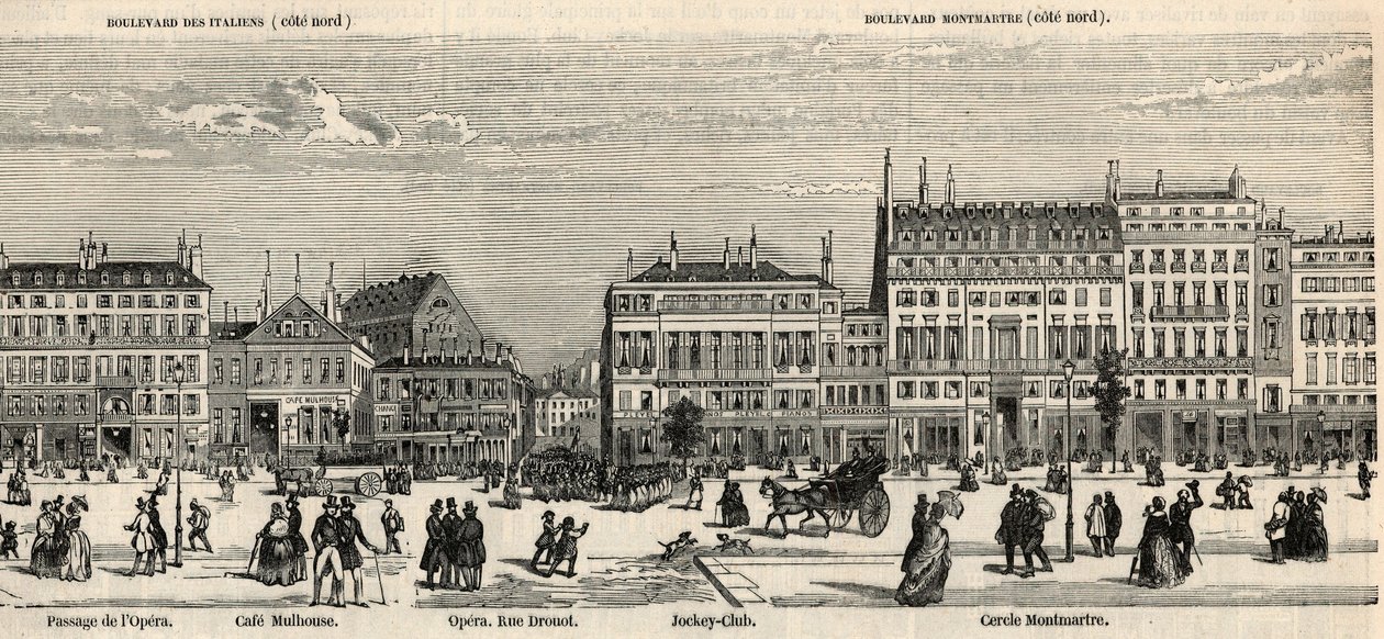 Boulevard des Italiens a bulvár Montmartre - Cafe Mulhouse - Cercle Montmartre - Jockey club - Rytina v „Tableau-de-Paris“ od Edmonda Texiera 1852 - od French School