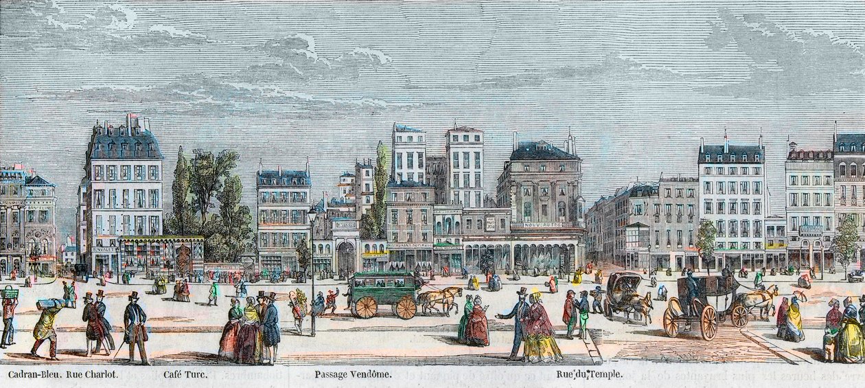 Boulevard du Temple jižní strana - Rue Charlot - Cafe Turk - Passage Vendome - Rue du Temple - Rytina v „Tableau-de-Paris“ od Edmonda Texiera 1852 od French School