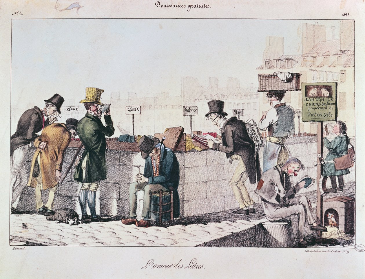 Bouquinistes podél břehů řeky Seiny v Paříži, počátek 19. století od French School