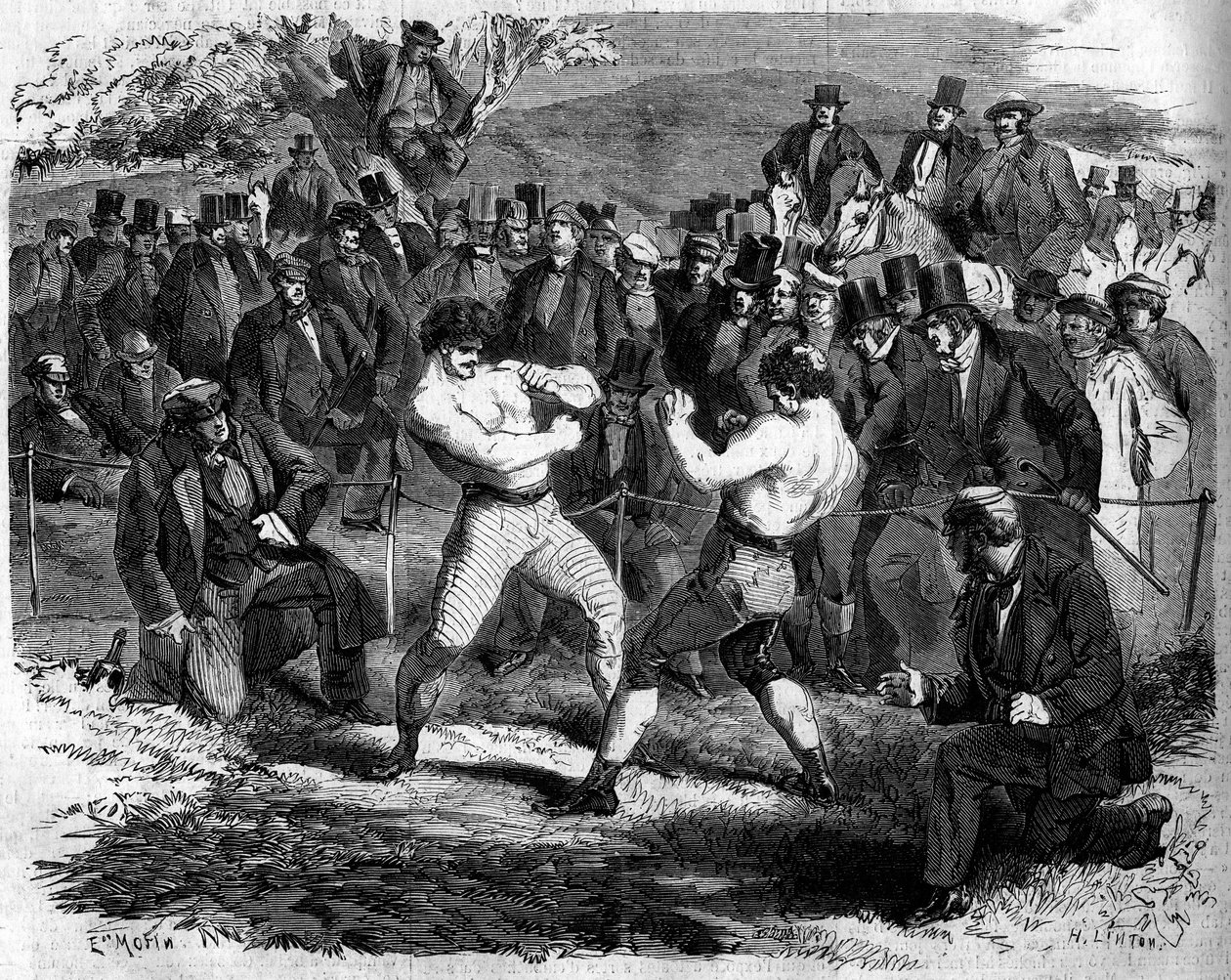 Boxerský zápas mezi Angličanem Thomasem Sayersem (1826-1865) a Američanem Johnem Carmelem Heenanem (1833-1873) v Aldershot, Anglie, 17. od French School