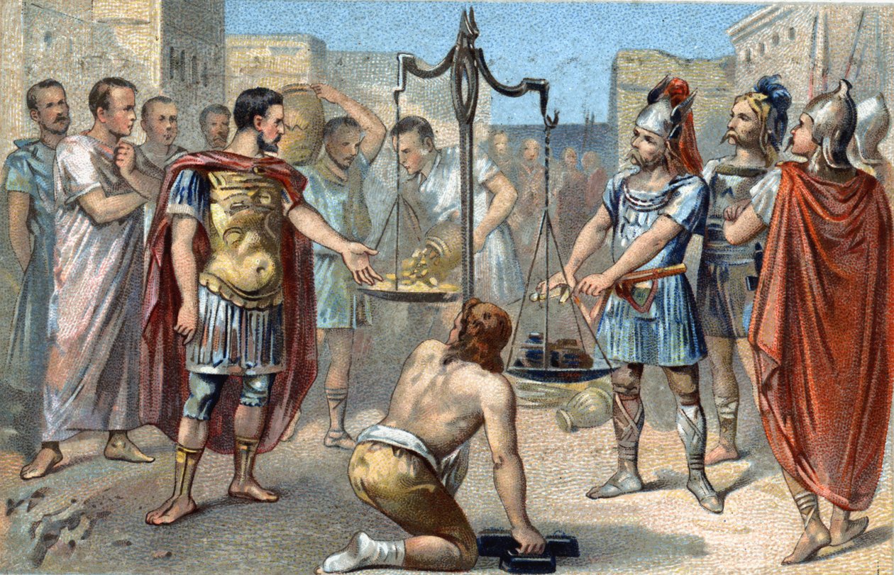 Brennus, vůdce galského kmene Senonů, vyslovuje osudnou Vae victis (Běda poraženým!) vrhající svůj těžký meč na plošinu váhy, což vyrovnalo zlatou daň, kterou požadoval od Římanů, aby zvýšili obléhání Ca. od French School