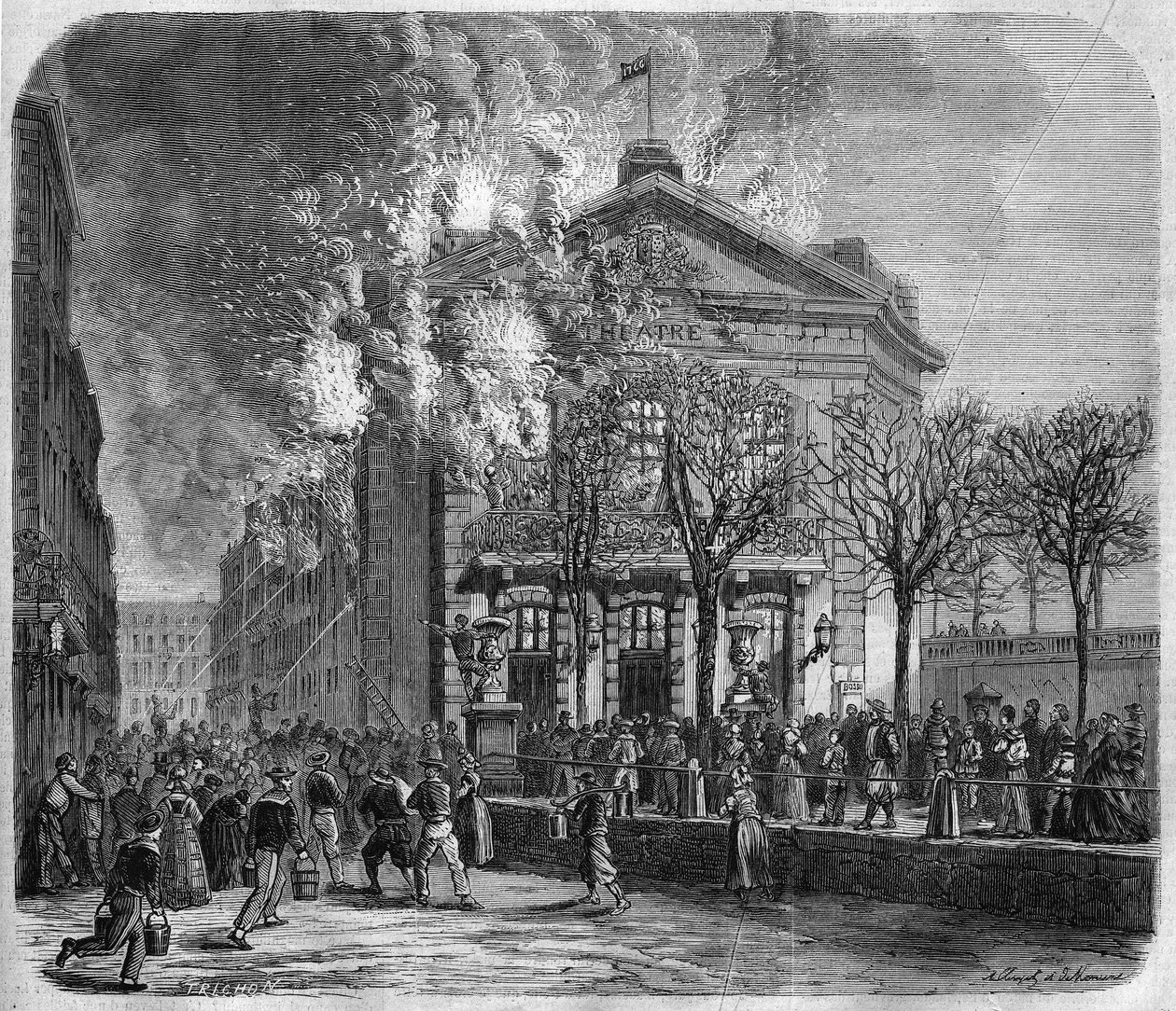 Brest, požár divadla 11. března 1866, postavené v roce 1766 Choquartem de Lindu, rytina podle kresby Clergeta a Moraina a podle fotografie bratří Mágů, v „The Illustrated Universe““, 24. 3. 1866. od French School