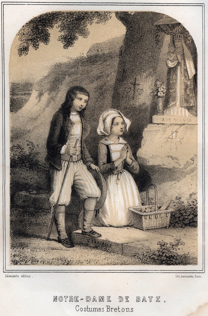 Bretonské kostýmy - Notre-Dame de Batz - rytina v „SOURIES OF MY STRÝČE VZPOMÍNKY A CESTOVNÍ RECITTY“ od MORING MICHEL - konec 19. století od French School
