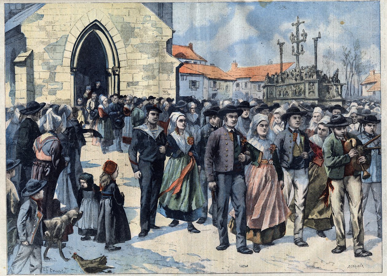 Bretaňský zvyk: Tradiční manželství v Plougastelu (Finistere, Bretaň). Sňatky opouštějí církev. Gravírování „“Le Petro Parisien““ od French School