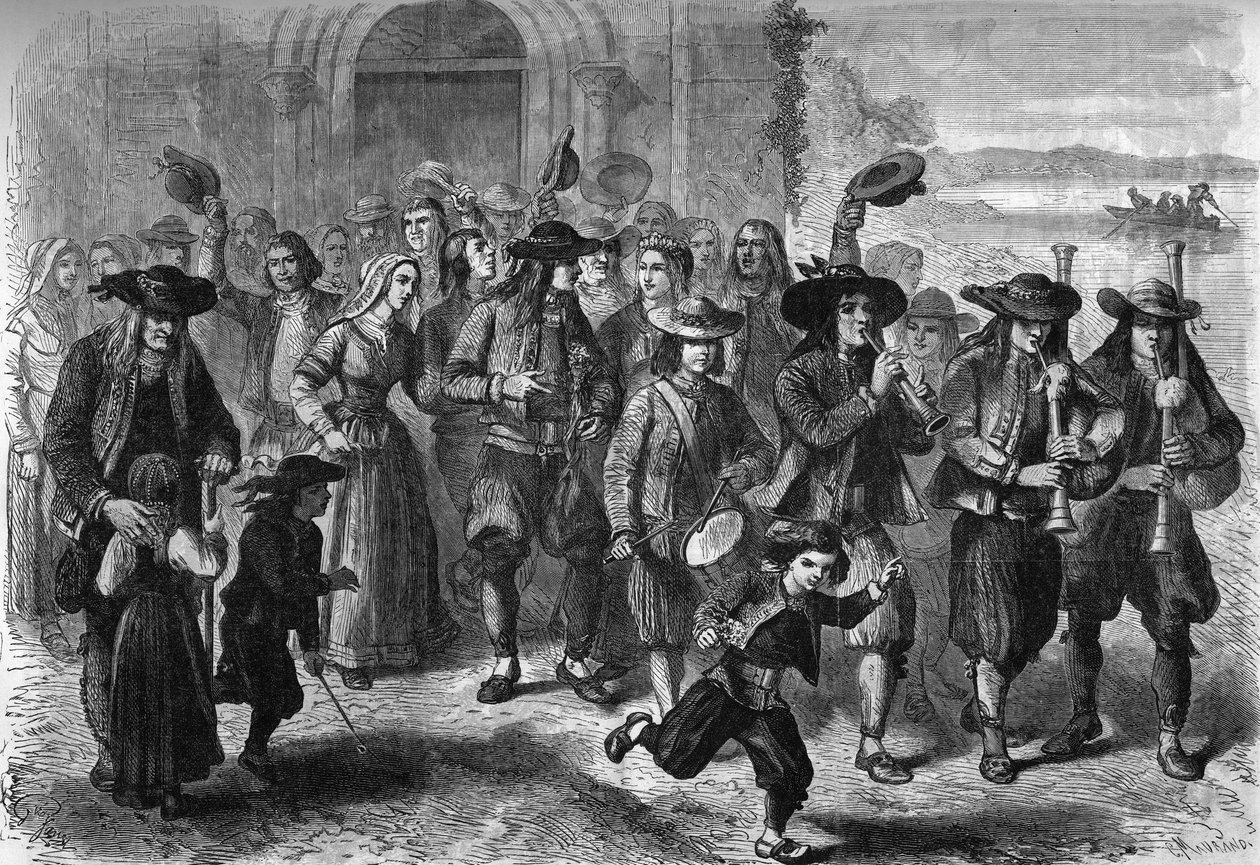 Bretonský zvyk: pár mladých manželství u východu z kostela. V horní části průvodu jsou hráči biniou a bubnu. Treguennec, Finistere (29) od French School