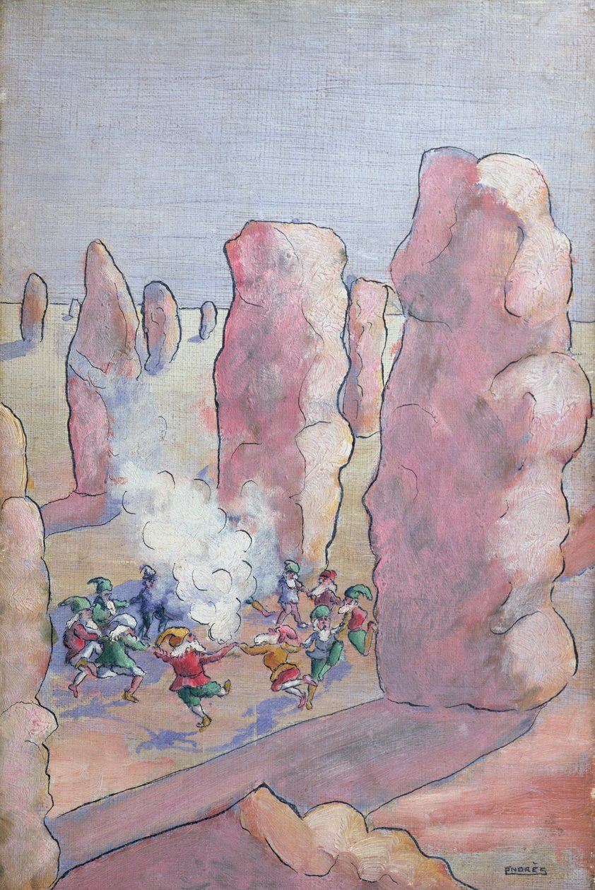 Bretonští skřítci tančící kolem kamenného kruhu, konec 19. století od French School