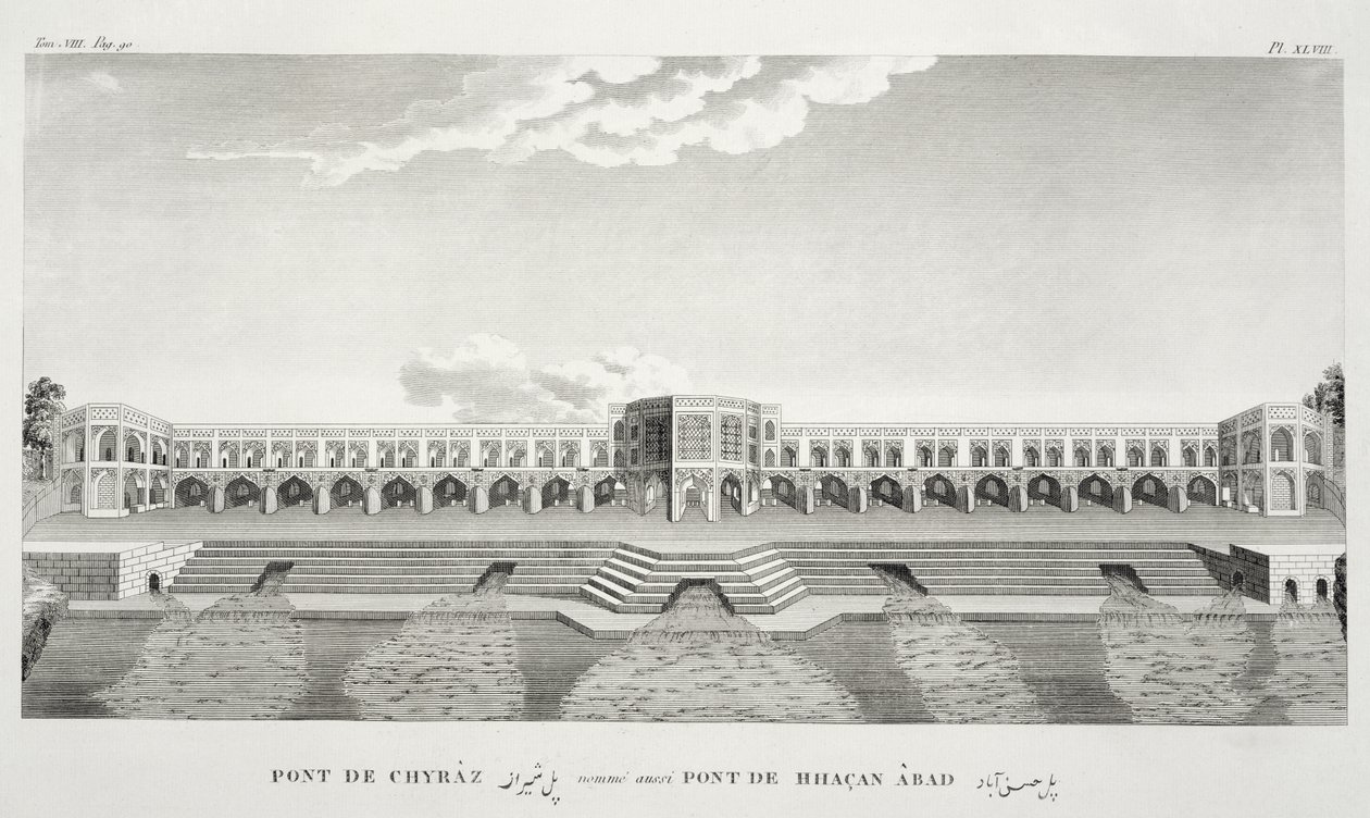 Most Shiraz, Isfahán, z Voyages du Chevelier Chardin en Perse, et en autres Lieux dOrient, Jean Chardin (1643-1713), publikováno 1811 od French School