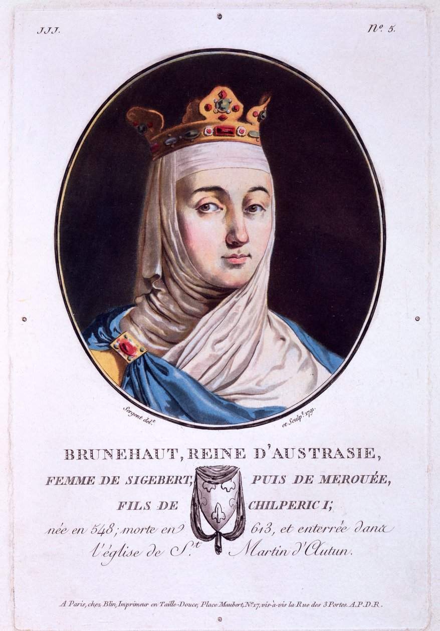 Brunhilda, královna Austrasie, z Portrétů velkých mužů, slavných žen a nezapomenutelných předmětů Francie, publikovaná 1787-92 od French School