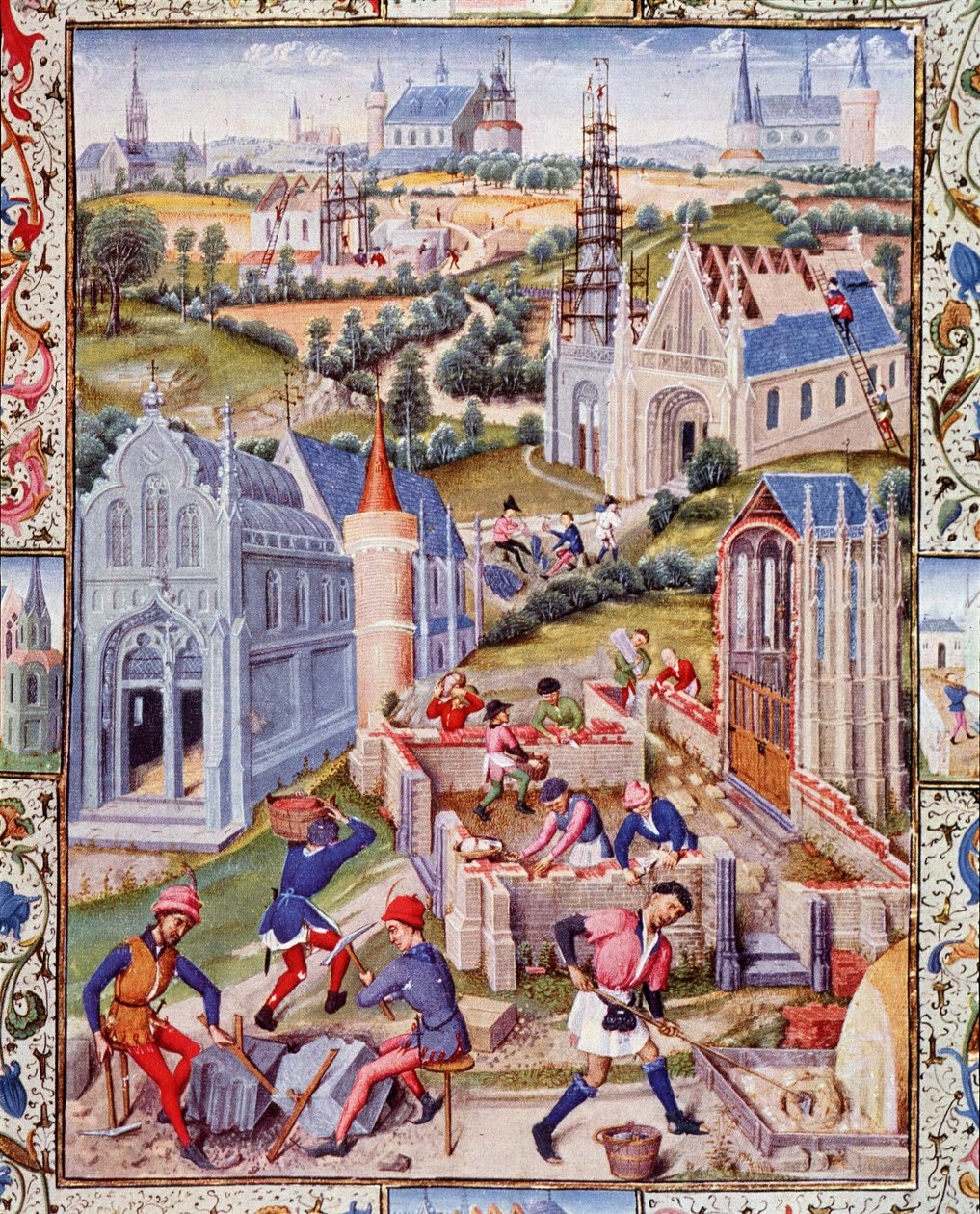 Staveniště v Saint Denis (město) pro stavbu 12 kostelů na počest 12 apotres. Miniatura převzatá z knihy "Život urozeného hraběte Gerarda de Roussillon". od French School
