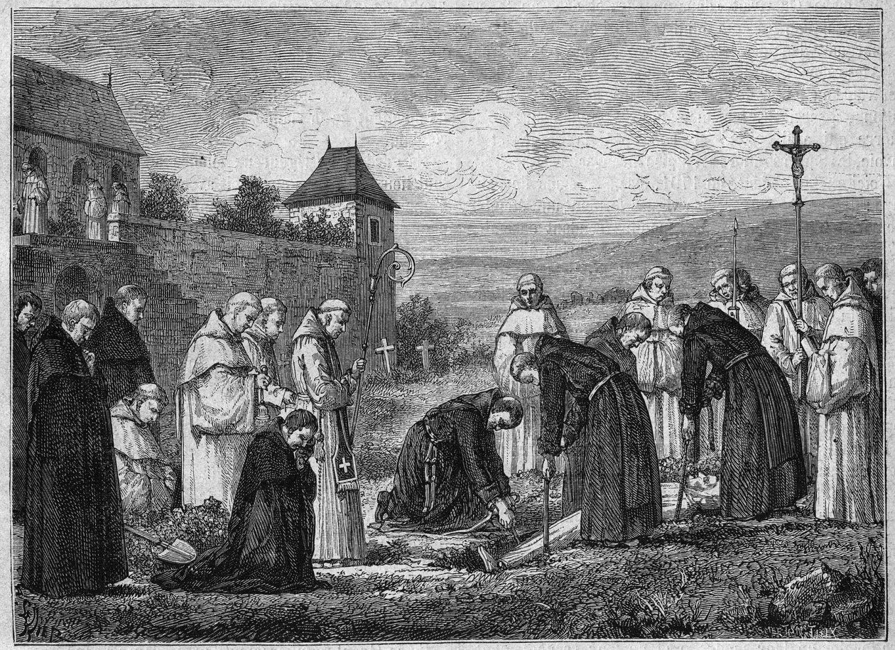 Pohřeb kartuziána v opatství Tamie v Savojsku (cisterciácká komunita). Rytina z roku 1875. od French School