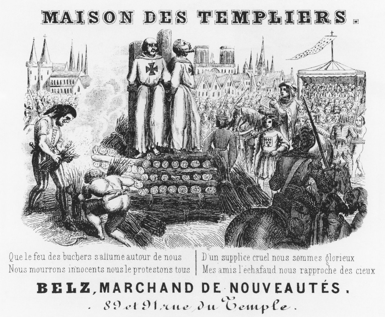 Upálení templářů, hlavička účtu obchodu s drapérií, Maison des Templiers, Belz, rue du Temple, Paříž, asi 1840 od French School