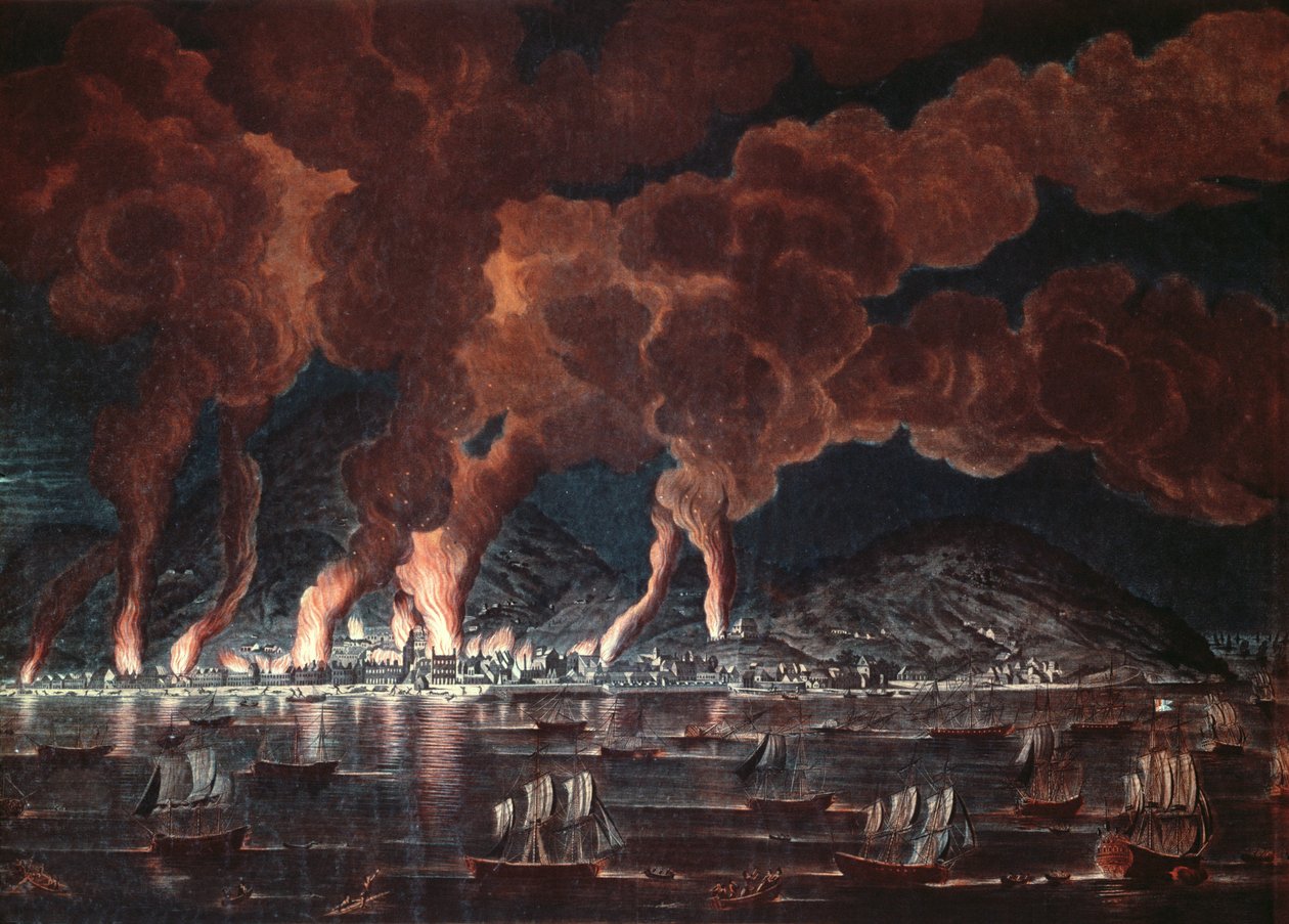 Vypálení města Cap-Francais, Saint-Domingue (Haiti), 1795 (barevná rytina) od French School