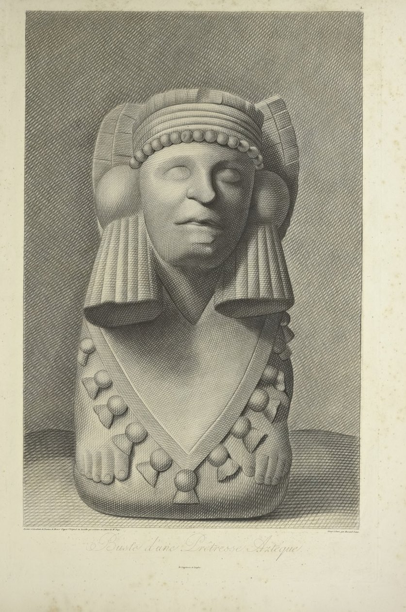 Busta aztécké kněžky, ilustrace z „Pohledy na Kordillery a památky domorodých národů Ameriky“ od Alexandra von Humboldta a Aime Bonpland od French School