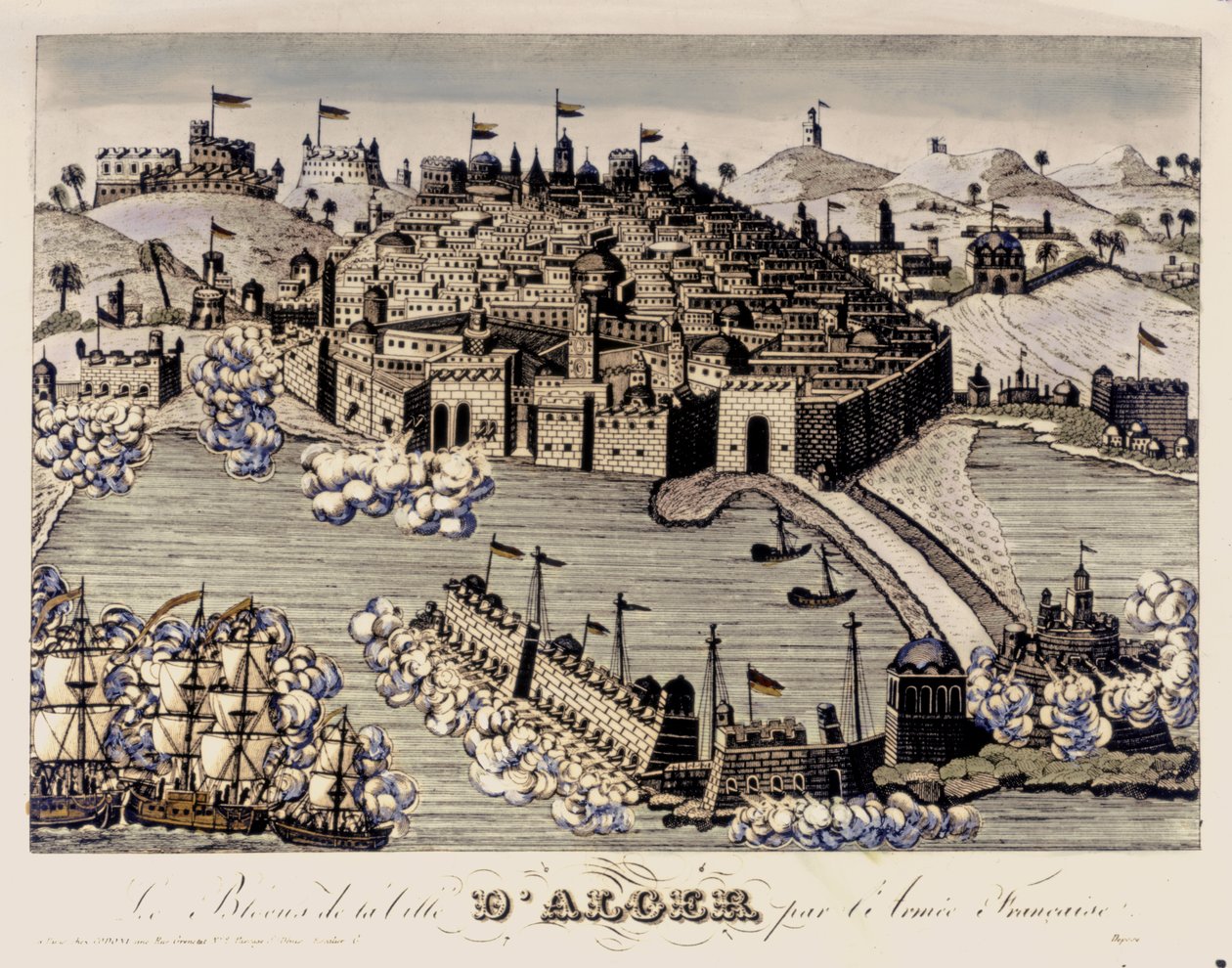 KOLONIALISMUS: Blokáda města Alžír francouzskou armádou. 1830 (barevná rytina) od French School