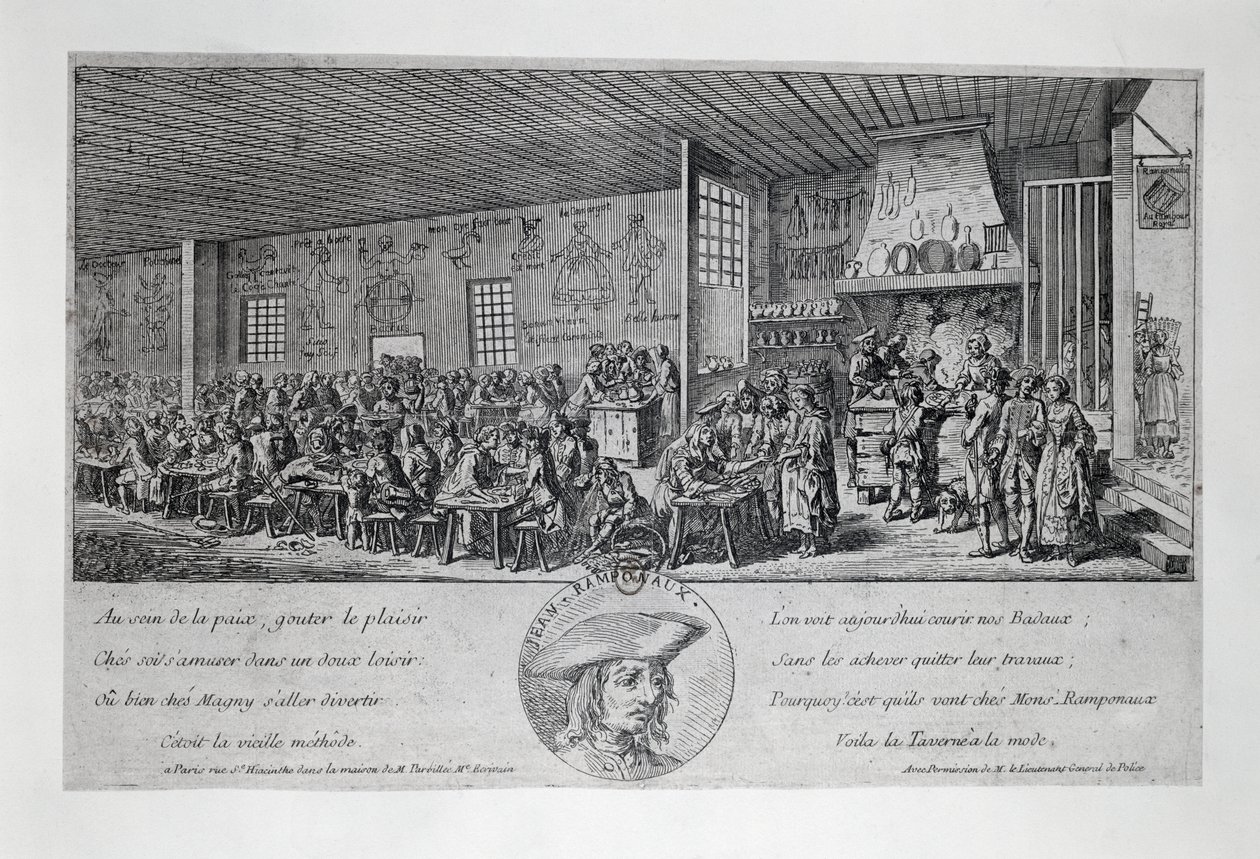 Cabaret du Tambour Royal od Jean Ramponneau (1724-1802), rytina. Francie od French School