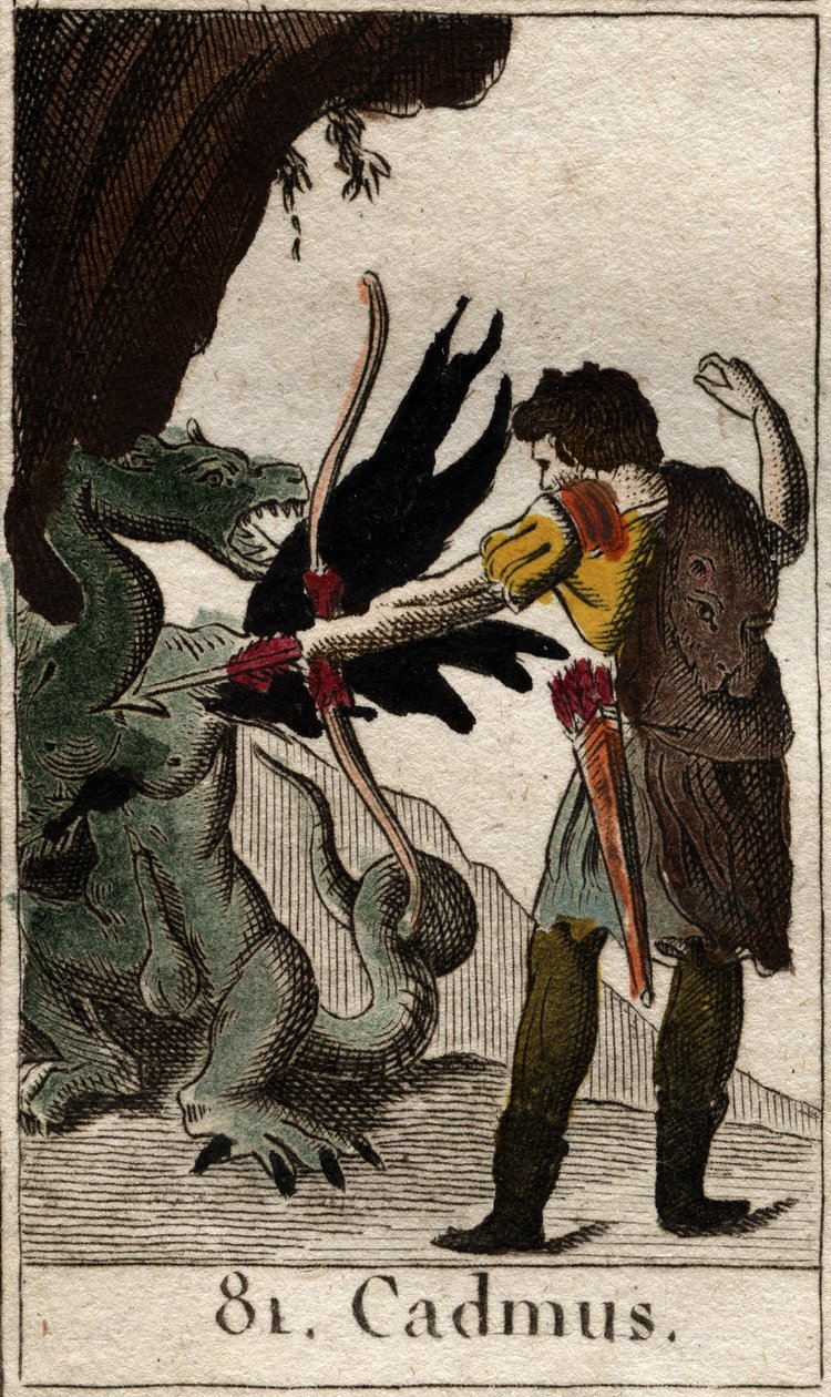 Cadmos (Kadmos nebo Cadmus) zabíjející draka (Cadmus bojuje s drakem). Z „Mytologie mládí“ od Pierra Blancharda 1803. od French School